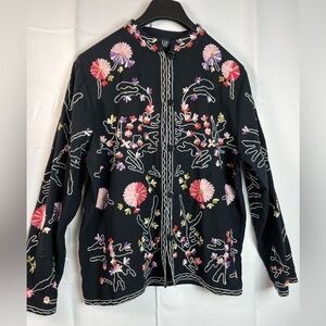 Take Two Clothing Co Womens Floral Embroidered Black Boho Button Up Jacket Sz XL